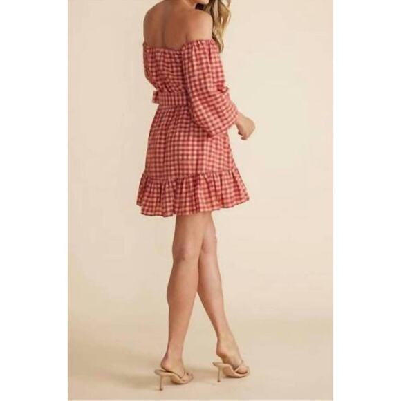 MINKPINK Cora mini plaid dress in blush/rust puff sleeves - Picture 6 of 15